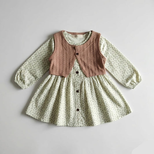 فستان بناتي  مشجر مع سديري تريكو كلاسيكي - إطلالة عصرية ومميزة