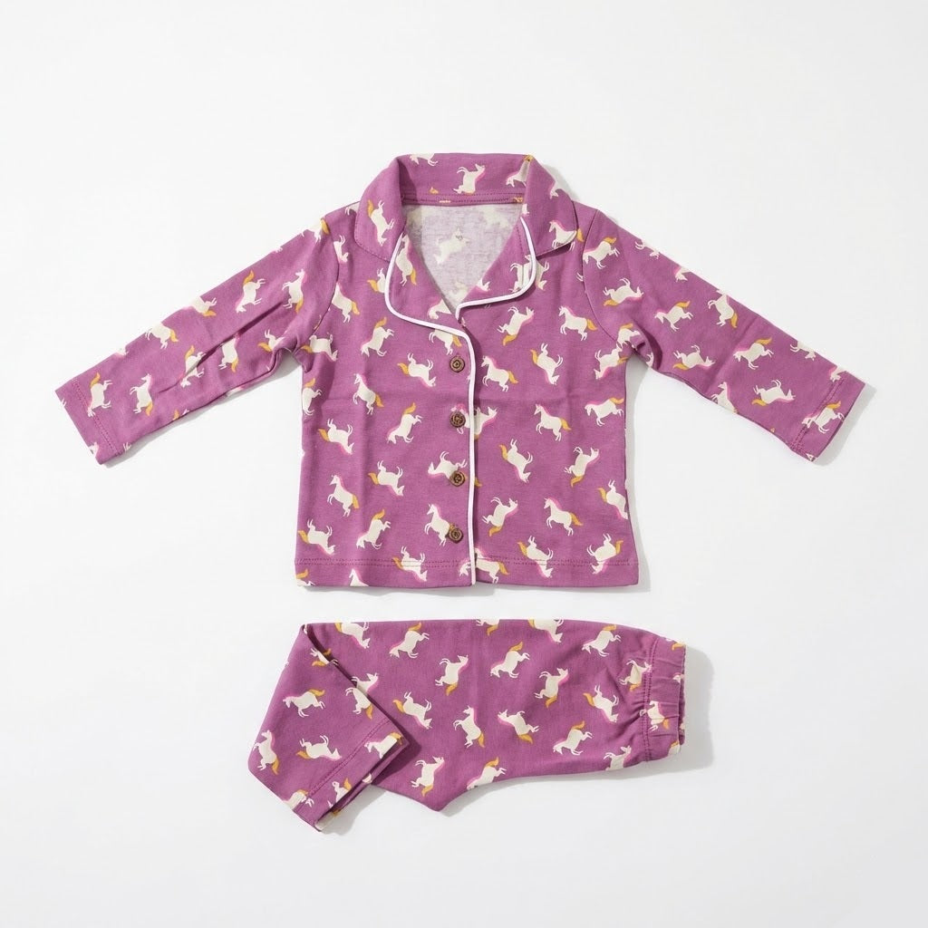 طقم بيجامة أطفال بناتي قطني ناعم بطبعة وحيد القرن (يونيكورن) - لون بنفسجي