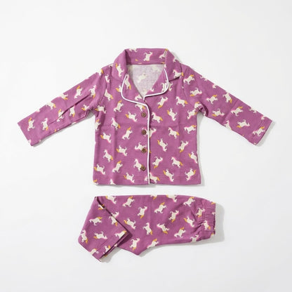 طقم بيجامة أطفال بناتي قطني ناعم بطبعة وحيد القرن (يونيكورن) - لون بنفسجي