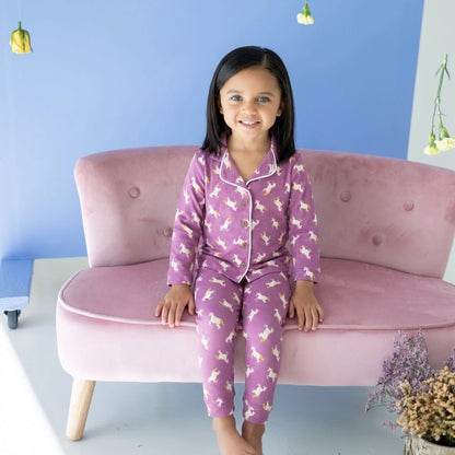 طقم بيجامة أطفال بناتي قطني ناعم بطبعة وحيد القرن (يونيكورن) - لون بنفسجي