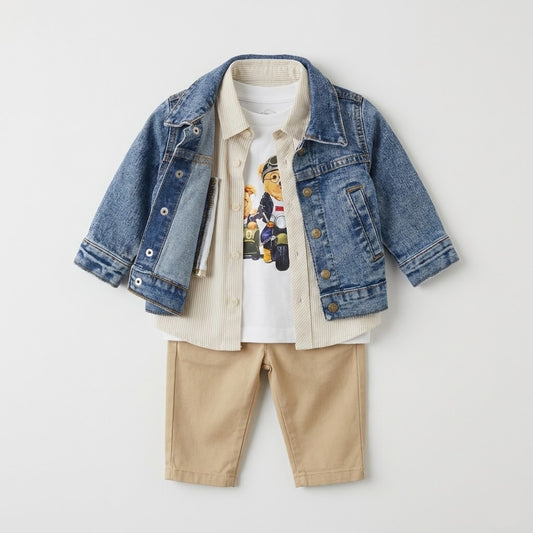 طقم أطفال ولادي عصري من 4 قطع: جاكيت جينز، قميص مقلم شيرت بطبعة الدب، وبنطال بيج