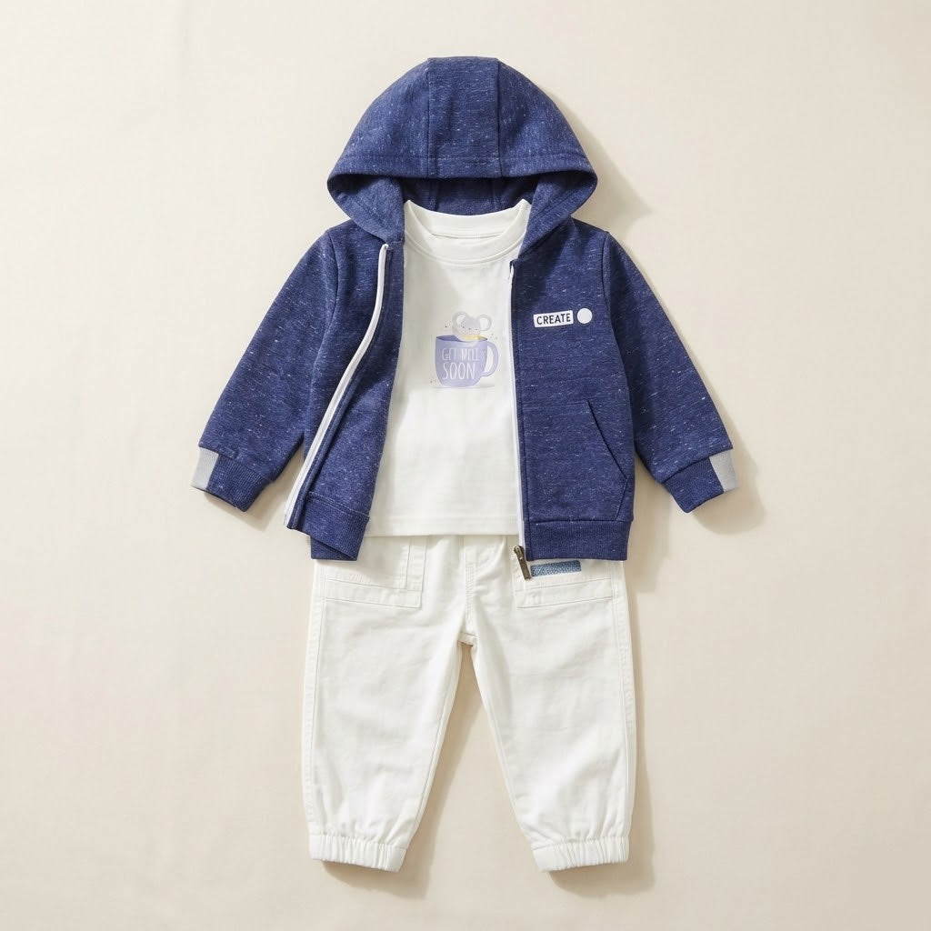 طقم خروج أولادي كاجوال 3 قطع - هودي أزرق وتيشيرت مطبوع مع بنطلون مريح