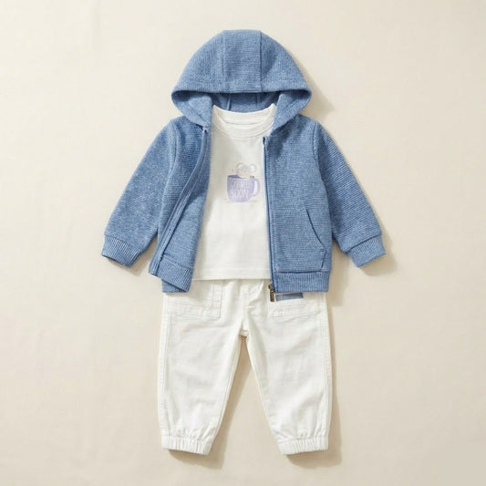 طقم خروج أولادي كاجوال 3 قطع - هودي لبني وتيشيرت مطبوع مع بنطلون مريح