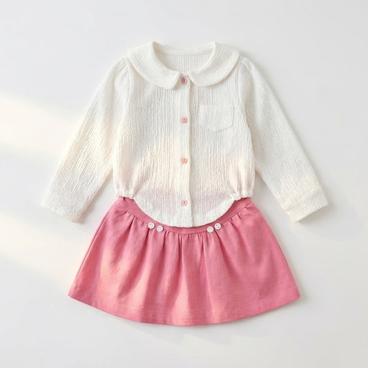 طقم فتيات أنيق: بلوزة بيضاء مُنسوجة بياقة دائرية مع تنورة وردية