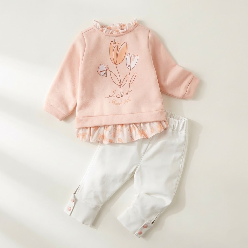 طقم بناتي - سويت شيرت وردي برسومات الزهور مع بنطلون أبيض