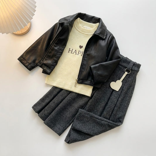 طقم للفتيات – 3 قطع جاكيت جلد كلاسيكي، كنزة ناعمة، وبنطال واسع