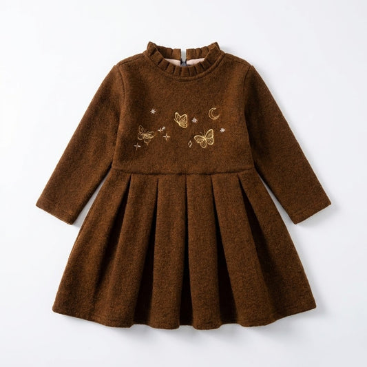 فستان شتوي فاخر للفتيات باللون البني الدافئ مع تطريزات الفراشات الذهبية