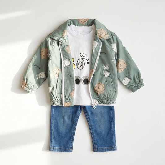 طقم أطفال أولادي عصري 3 قطع - جاكيت اخضر بطبعات حيوانات مع شيرت أبيض وبنطال جينز