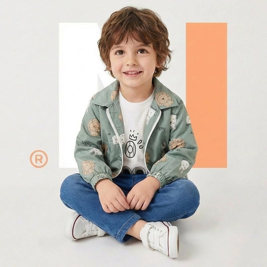 طقم أطفال أولادي عصري 3 قطع - جاكيت اخضر بطبعات حيوانات مع شيرت أبيض وبنطال جينز