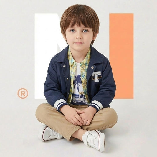 طقم أولادي عصري (4 قطع) - جاكيت كحلي رياضي مع قميص كاروهات وبنطال بيج و تيشيرت