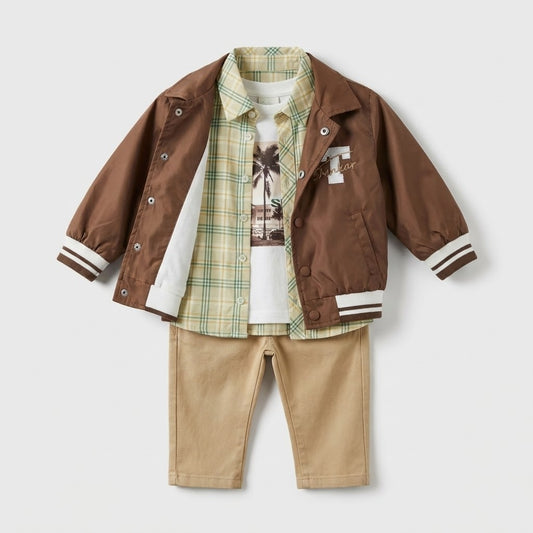 طقم أولادي عصري (4 قطع) - جاكيت كحلي رياضي مع قميص كاروهات وبنطال بيج و تيشيرت