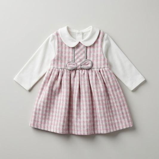 فستان أطفال بناتي كلاسيكي بنقشة الكاروهات الوردية مع ياقة بيضاء وفيونكة أنيقة