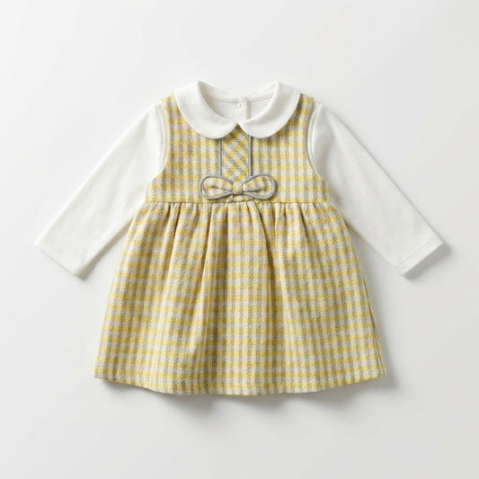 فستان أطفال بناتي كلاسيكي بنقشة الكاروهات الصفراء مع ياقة بيضاء وفيونكة أنيقة