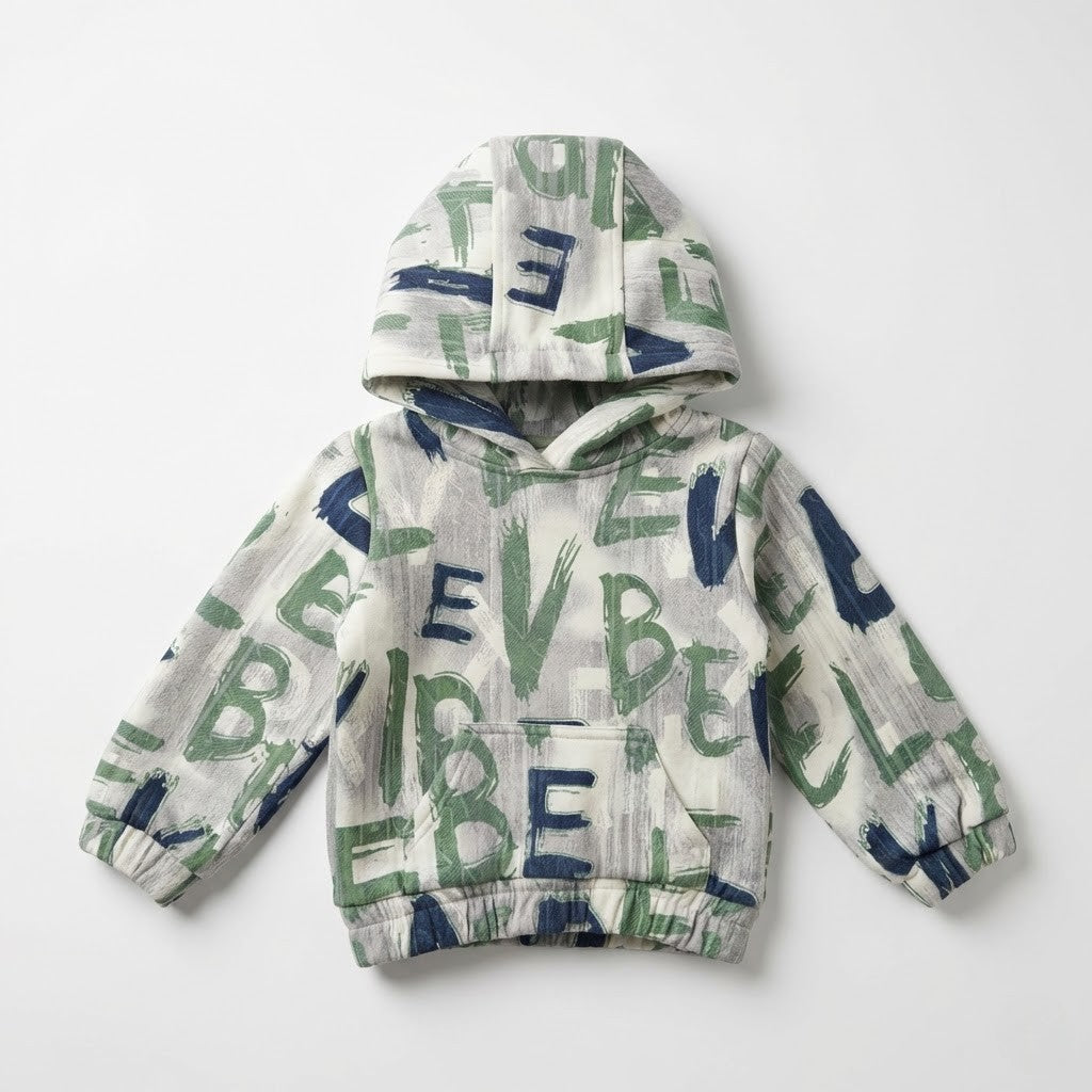 سترة أطفال "هودي" ابيض زيتي قطنية بنقشات حروف عصرية