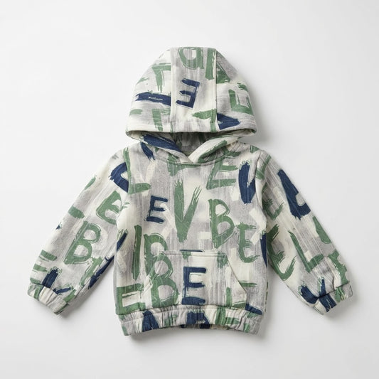 سترة أطفال "هودي" ابيض زيتي قطنية بنقشات حروف عصرية