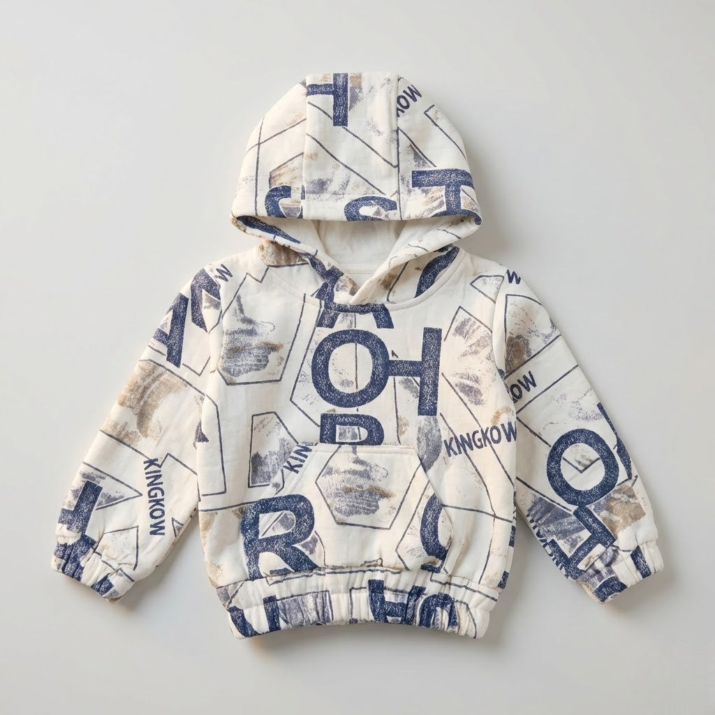 سترة أطفال "هودي" ابيض ازرق قطنية بنقشات حروف عصرية