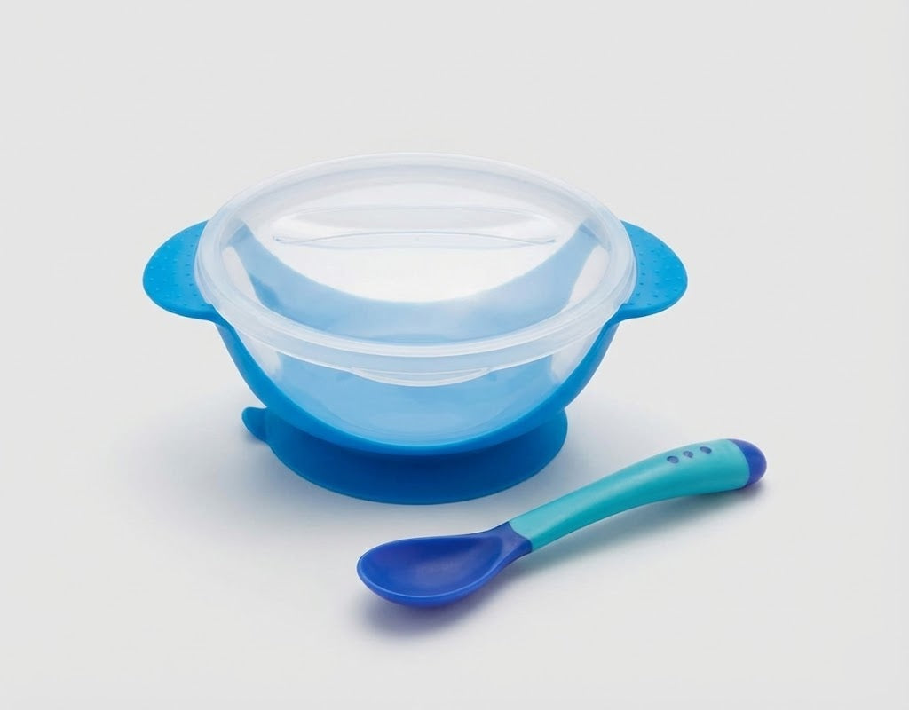 طبق + معلقه سيليكون ازرق