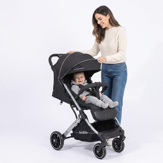 عربة أطفال كيديلو (Kidilo K12) باللون الأسود الفاخر – تصميم عصري يجمع بين الأمان والراحة