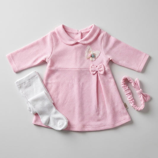 طقم فستان بينك فاخر بينك للرضع - ثلاث قطع أنيقة فستان و توكه وكلون