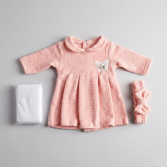 طقم فستان سيمون فاخر  ابيض لرضع - ثلاث قطع أنيقة فستان و توكه وكلون