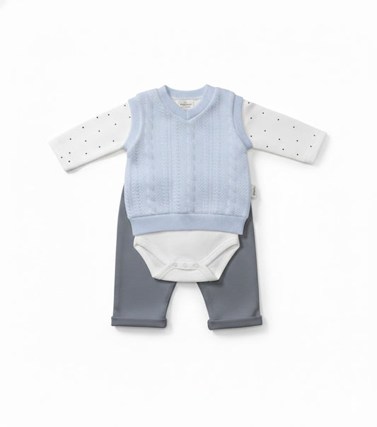 طقم 3قطع جكار ازرق بنطلون جراي