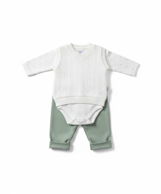 طقم 3قطع جكار ابيض بنطلون زيتي