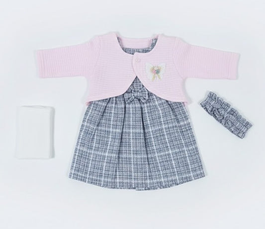 شتوي للفتيات الصغار: فستان كاروهات أنيق مع سترة وردية وتوكه و كلون