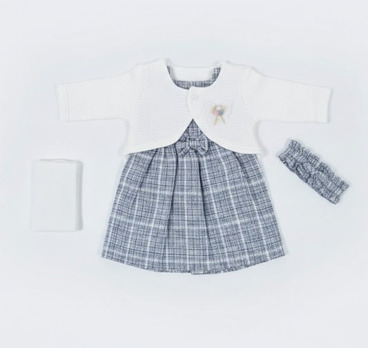 شتوي للفتيات الصغار: فستان كاروهات أنيق مع سترة ابيض وتوكه و كلون