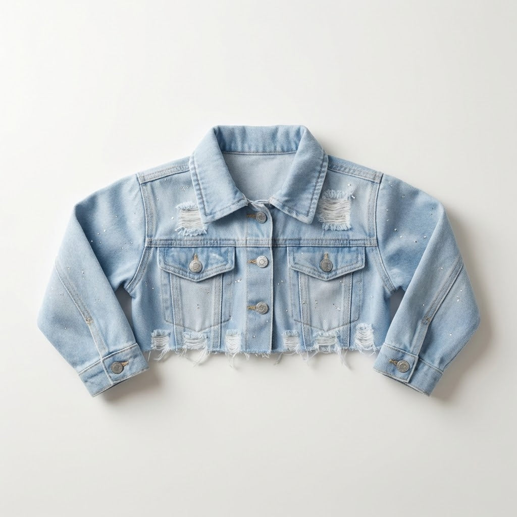 جاكيت "دينيم" قصيرة للأطفال بتصميم عصري ولمسات برّاقة - أزرق فاتح
