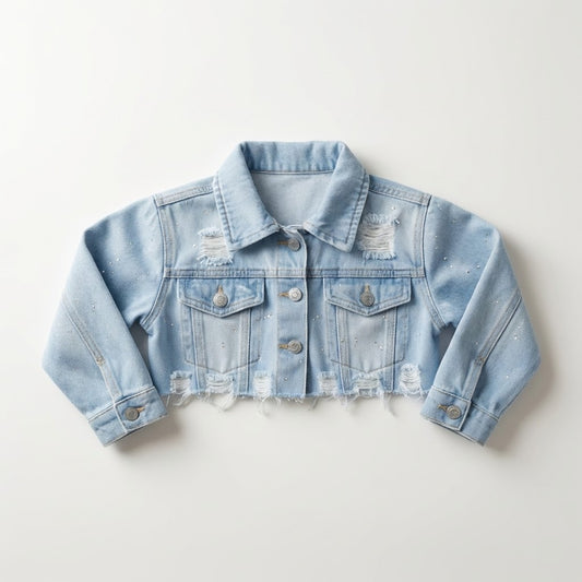 جاكيت "دينيم" قصيرة للأطفال بتصميم عصري ولمسات برّاقة - أزرق فاتح