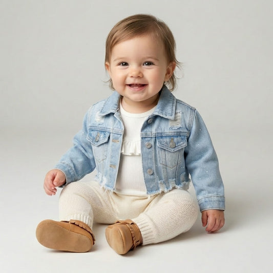 جاكيت "دينيم" قصيرة للأطفال بتصميم عصري ولمسات برّاقة - أزرق فاتح