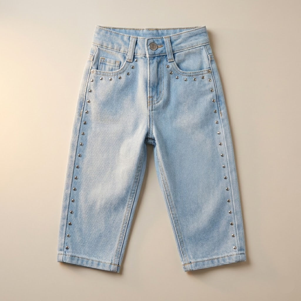 بنطلون جينز بناتي أزرق فاتح مرصع بتفاصيل فضية لامعة – أناقة عصرية وراحة مثالية