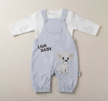 طقم سالوبيت أطفال ولادي فاخر - سالوبيت رصاصي فاتح مطرز برسمة شبل الأسد و شيرت قطني ناعم