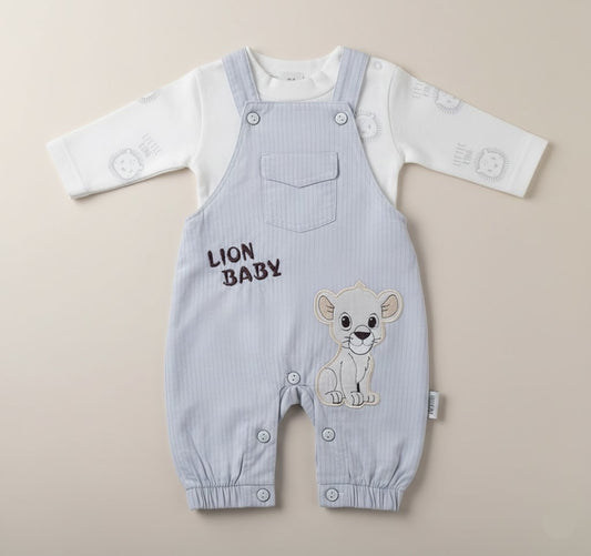 طقم سالوبيت أطفال ولادي فاخر - سالوبيت رصاصي فاتح مطرز برسمة شبل الأسد و شيرت قطني ناعم
