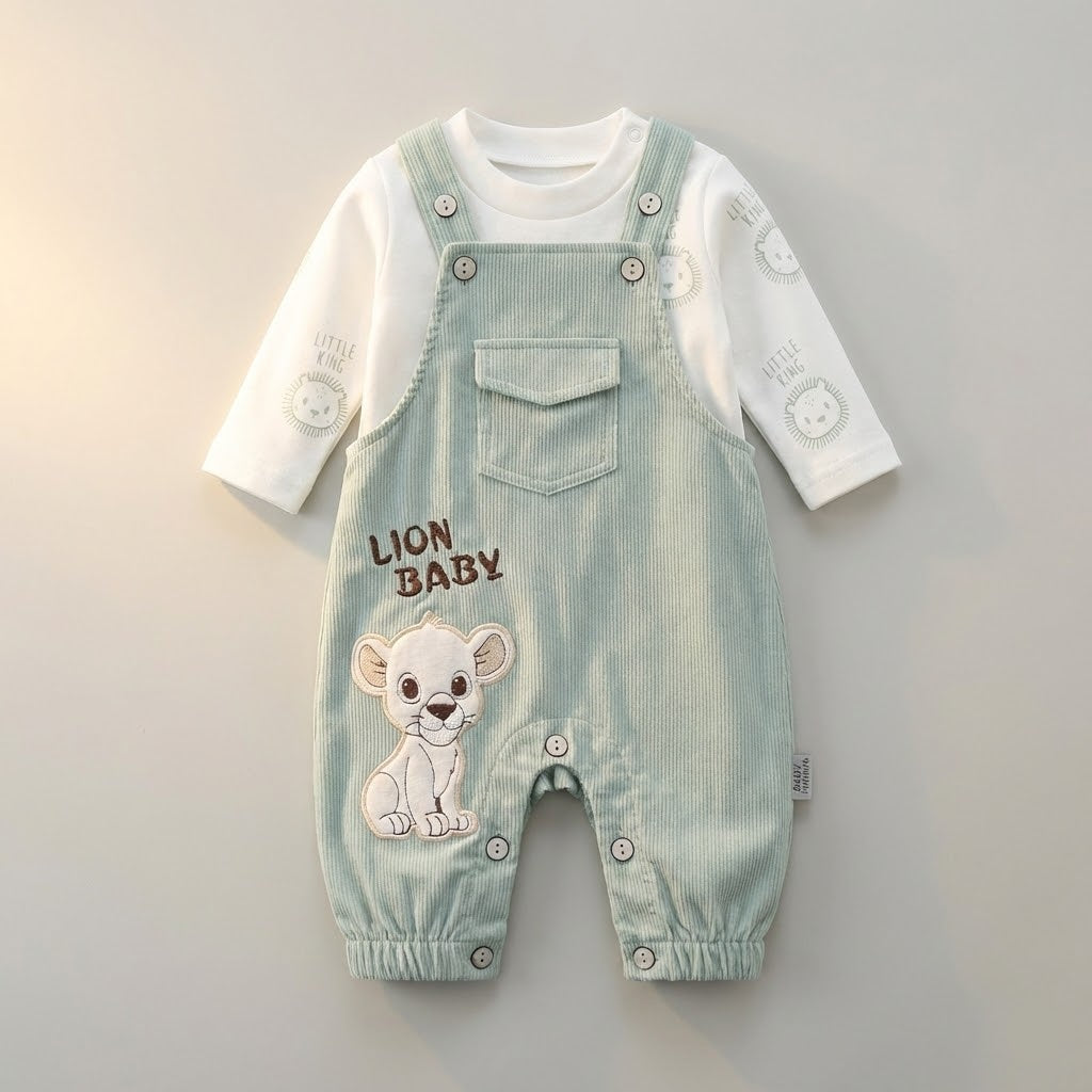 طقم سالوبيت أطفال ولادي فاخر - سالوبيت أخضر مطرز برسمة شبل الأسد و شيرت قطني ناعم