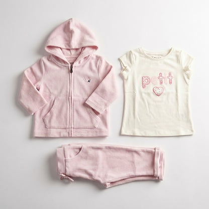 طقم أطفال "بيتي" ثلاثي القطع: سويت شيرت بغطاء رأس و شيرت وبنطال مريح باللون البينك
