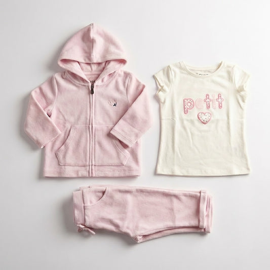 طقم أطفال "بيتي" ثلاثي القطع: سويت شيرت بغطاء رأس و شيرت وبنطال مريح باللون البينك