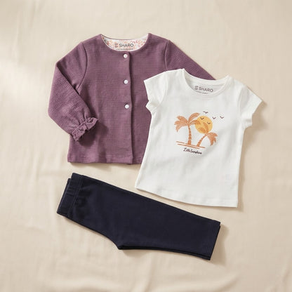 طقم أطفال "بيتي" ثلاثي القطع: سويت شيرت و شيرت وبنطال مريح باللون الموف