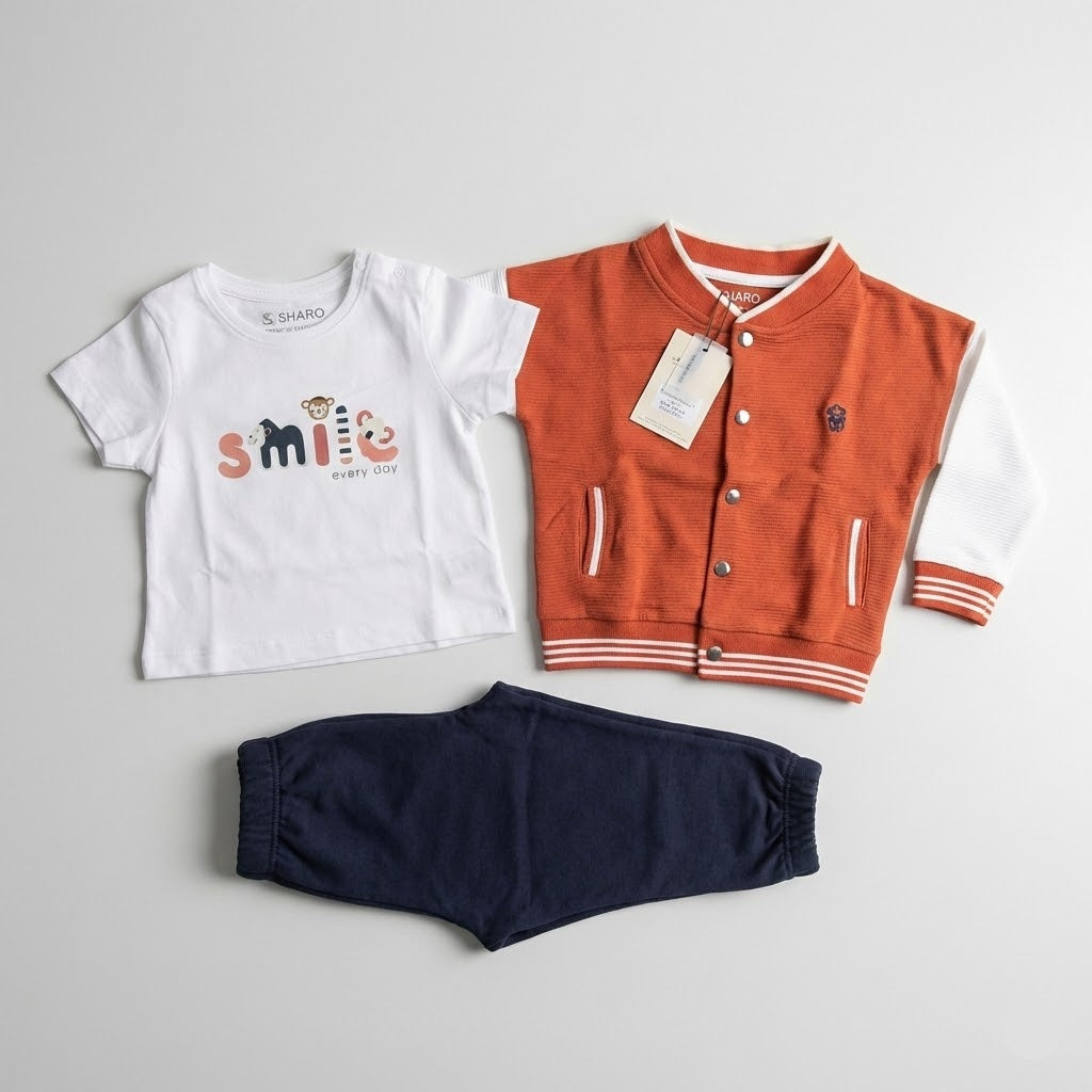 طقم أطفال  ثلاثي القطع: سويت شيرت و شيرت وبنطال مريح باللون البرتقالي
