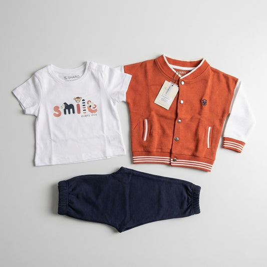 طقم أطفال  ثلاثي القطع: سويت شيرت و شيرت وبنطال مريح باللون البرتقالي