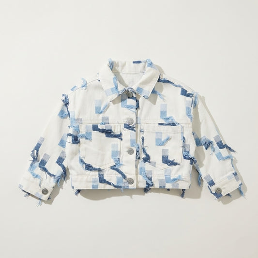 سترة أطفال من الدنيم الأبيض والأزرق بتصميم مربعات ممزقة - أناقة عصرية لطفلك