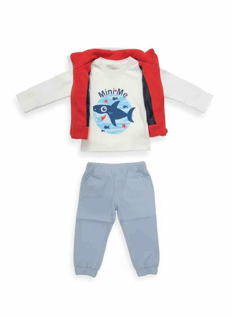 طقم ولادي قطني  4قطع - تصميم "القرش الصغير" مع سترة دافئة