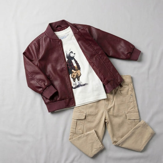 طقم ملابس أولاد عصري 3 قطع: جاكيت بامبر جلد برغندي، تيشرت مطبوع، وبنطال كارغو بيج