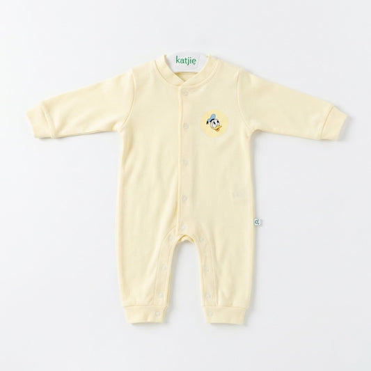 سالوبيت قطني مريح للرُضّع بلون أصفر كريمي ورسمة "بطوط" - أكمام وأرجل طويلة