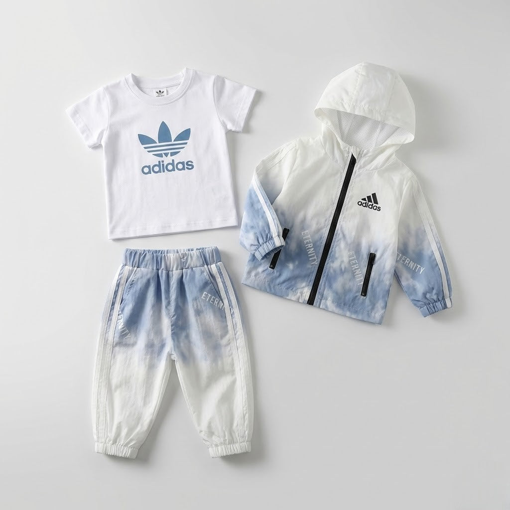 طقم رياضي "أديداس" للأطفال بلمسة عصرية - لون بيبي بلو وأبيض