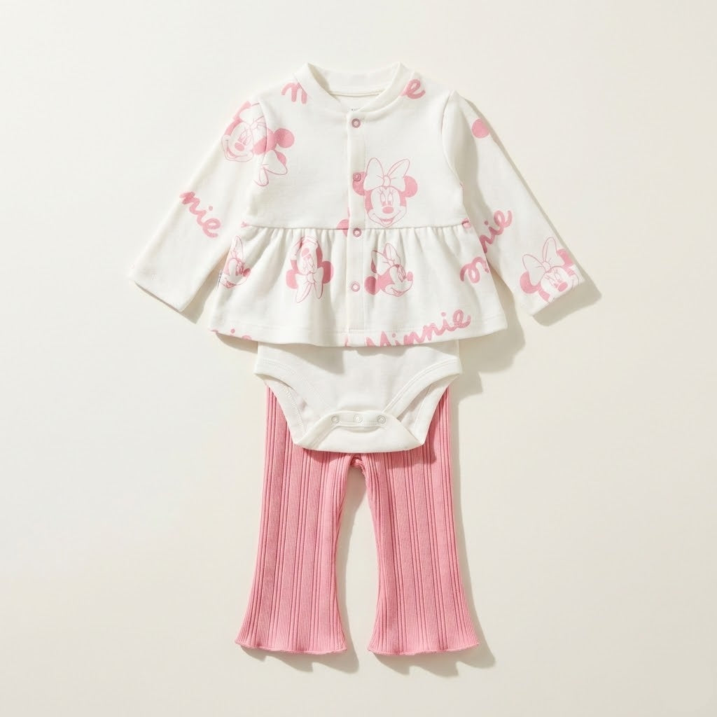 طقم بناتي أنيق ومريح 3 قطع بلوزة ميني ماوس ديزني وبنطلون وردي