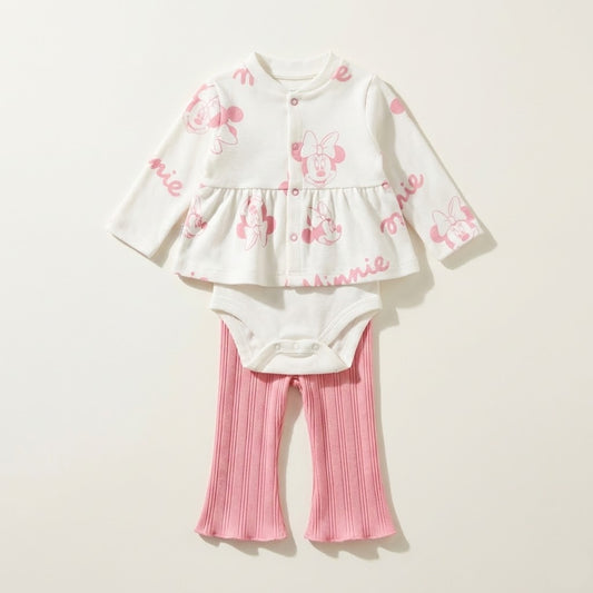 طقم بناتي أنيق ومريح 3 قطع بلوزة ميني ماوس ديزني وبنطلون وردي