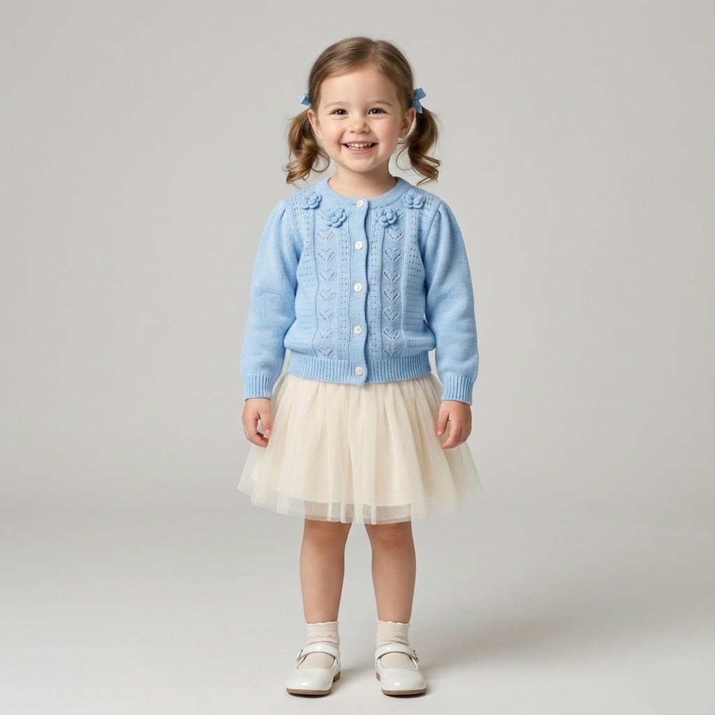 تريكو بناتي سماوي بزهور بارزة ونقشات القلوب