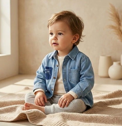 قميص جينز أطفال كاجوال أنيق بجيوب ورقعة مميزة - لون أزرق دنيم