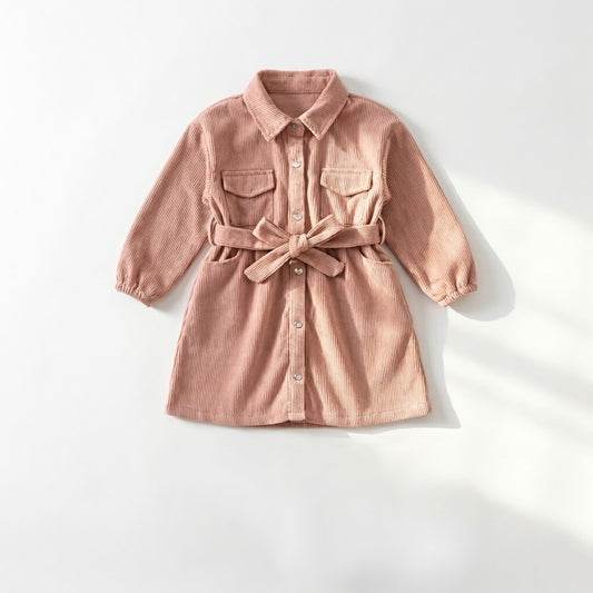 فستان بناتي شتوي أنيق من الكوردروي الناعم مع حزام خصر - لون كشمير